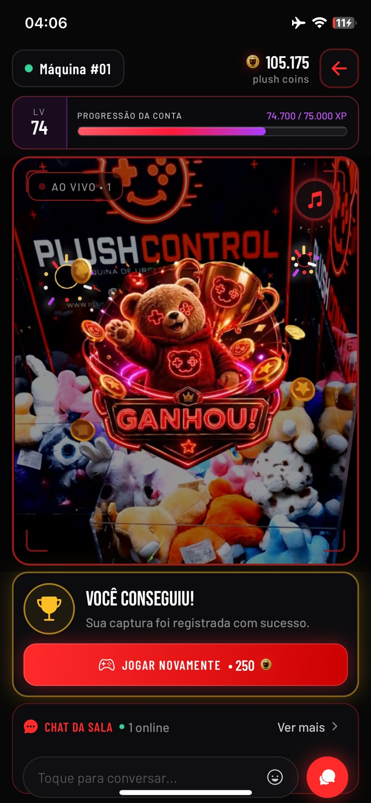 Captura confirmada no Plush Control